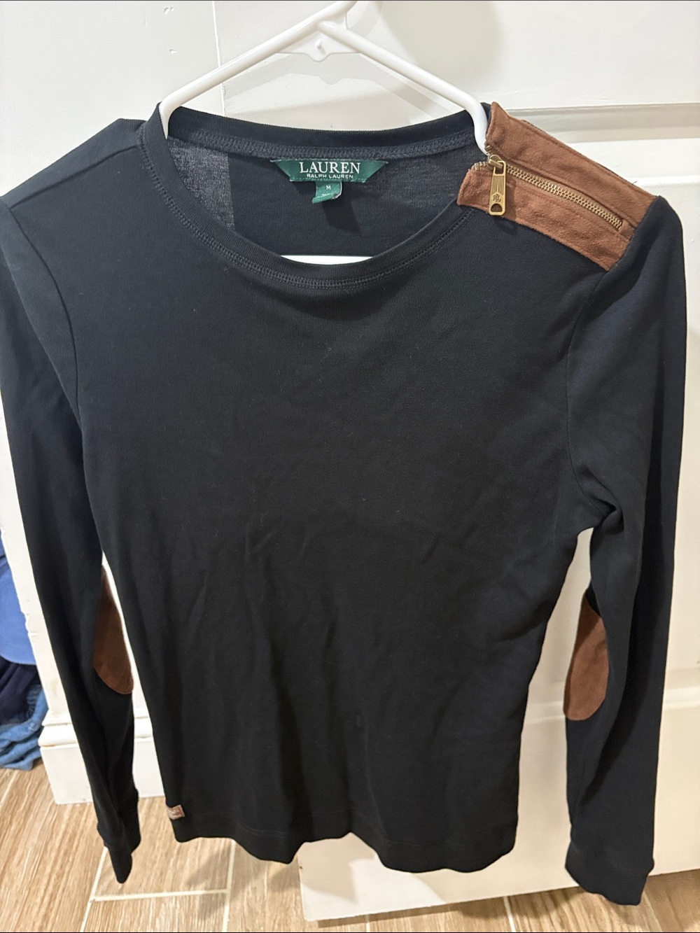 Lauren Ralph Lauren Black Long-Sleeve Top with Brown Suede Accents